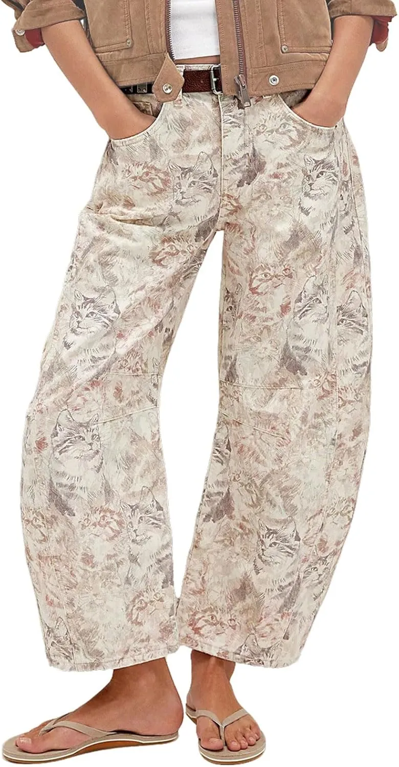 CHARTOU Womens Wide Leg Cropped Jeans Pants Baggy High Rise Denim Pants Y2k Graffiti Barrel Jeans