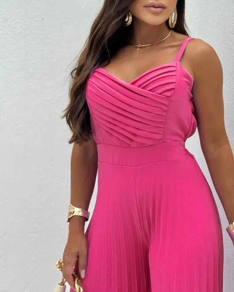 CHICME Womens V Neck Spaghetti Strap Jumpsuits Wide Leg Pleated Pants Summer Cami Overalls