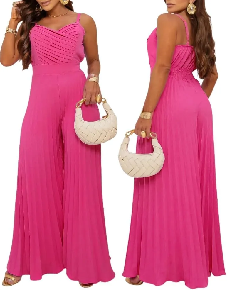 CHICME Womens V Neck Spaghetti Strap Jumpsuits Wide Leg Pleated Pants Summer Cami Overalls