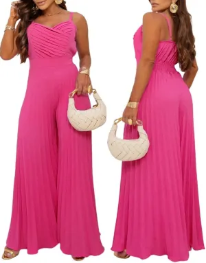 CHICME Womens V Neck Spaghetti Strap Jumpsuits Wide Leg Pleated Pants Summer Cami Overalls