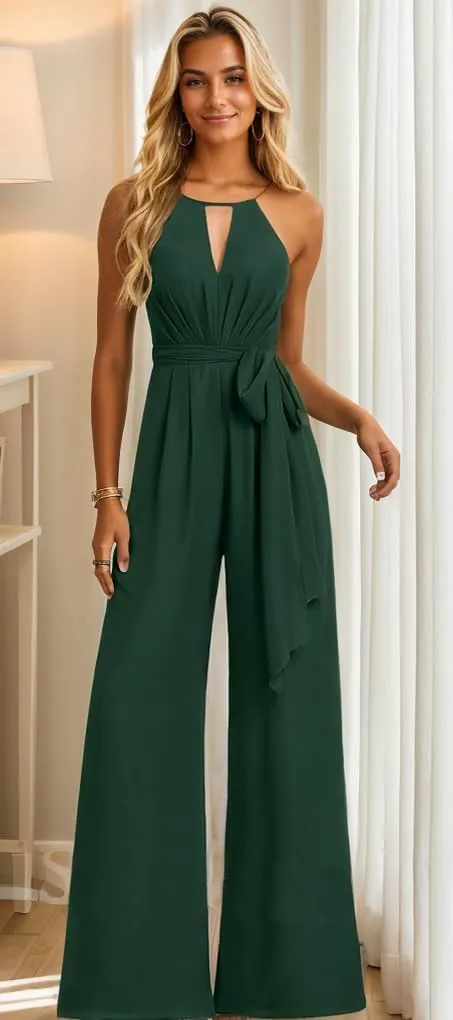 Chiffon Long Jumpsuits for Women Halter Formal Rompers with Pockets Belt Wide Leg Pants One Piece Outfits