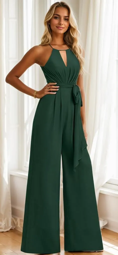 Chiffon Long Jumpsuits for Women Halter Formal Rompers with Pockets Belt Wide Leg Pants One Piece Outfits