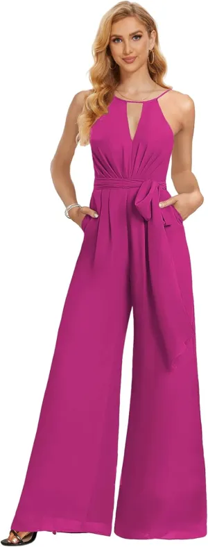Chiffon Long Jumpsuits for Women Halter Formal Rompers with Pockets Belt Wide Leg Pants One Piece Outfits