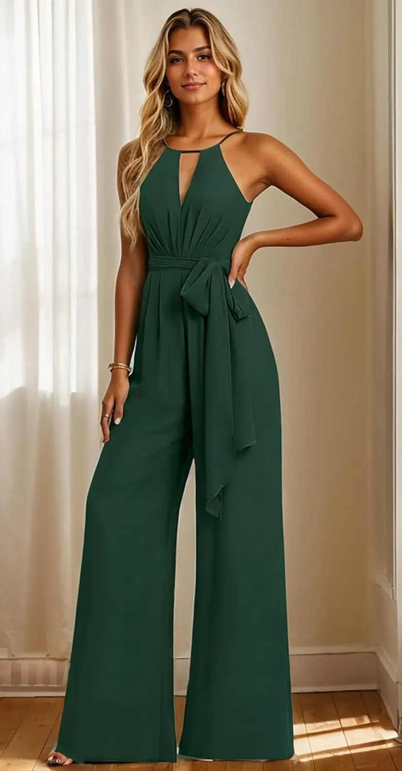 Chiffon Long Jumpsuits for Women Halter Formal Rompers with Pockets Belt Wide Leg Pants One Piece Outfits