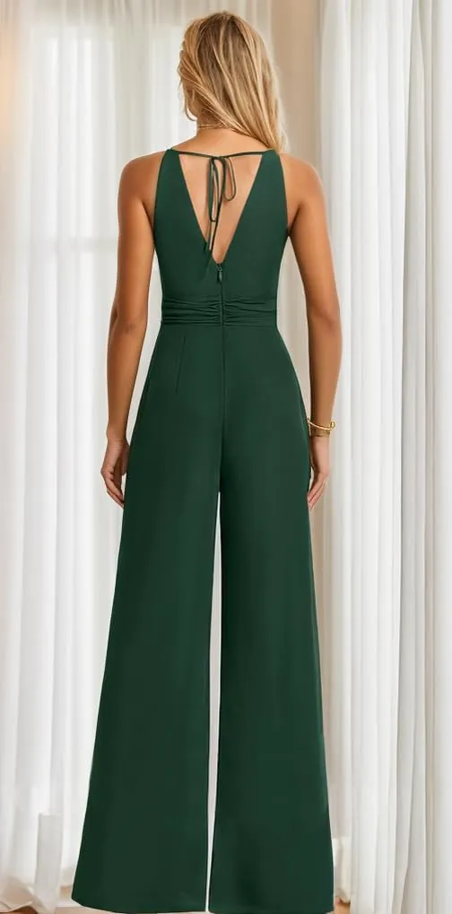 Chiffon Long Jumpsuits for Women Halter Formal Rompers with Pockets Belt Wide Leg Pants One Piece Outfits