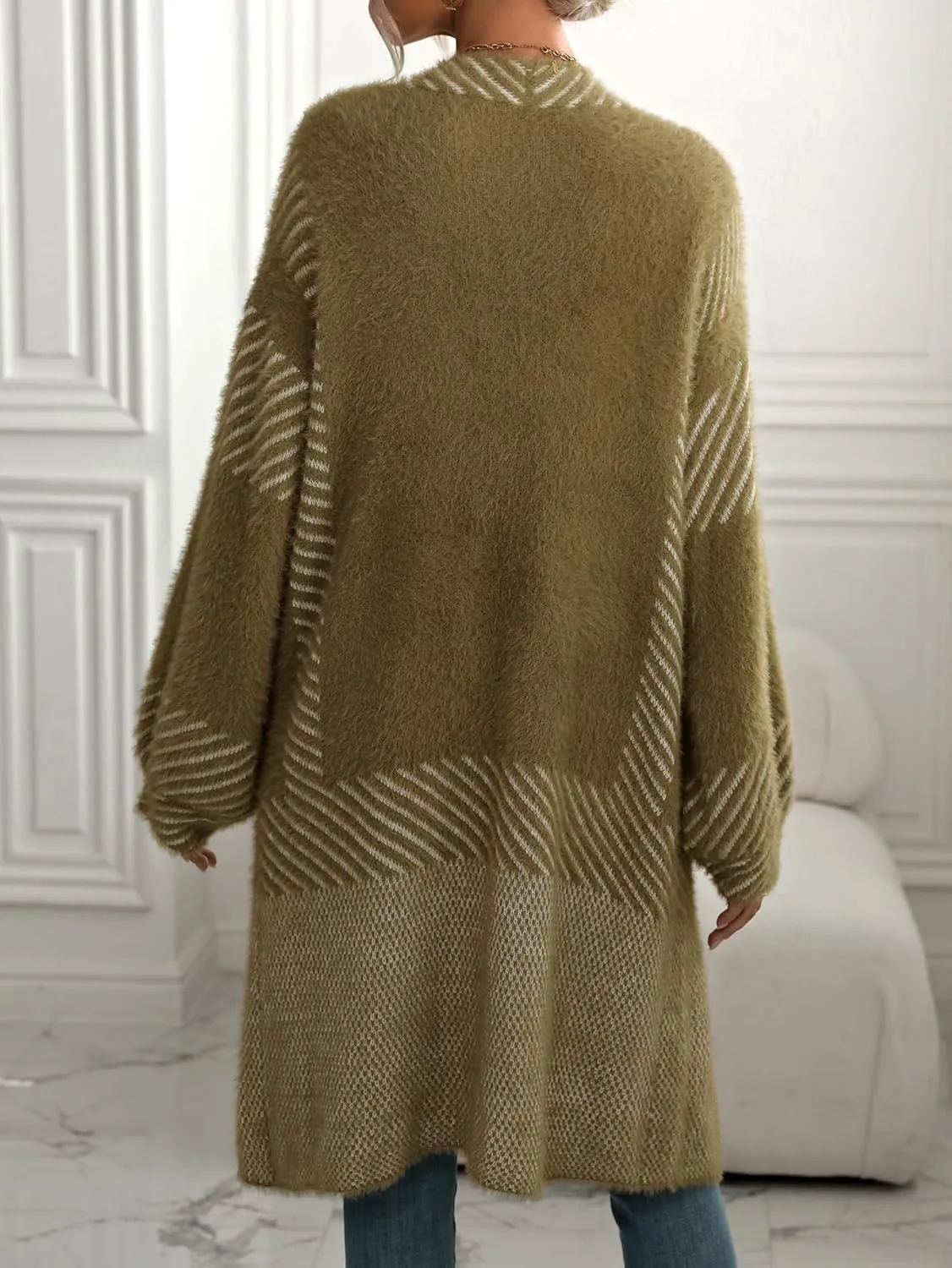 chouyatou Women's Color Block Striped Fuzzy Long Cardigan Sweaters Open Front Diagonal Stripe Knit Cardigan Jacket Coat