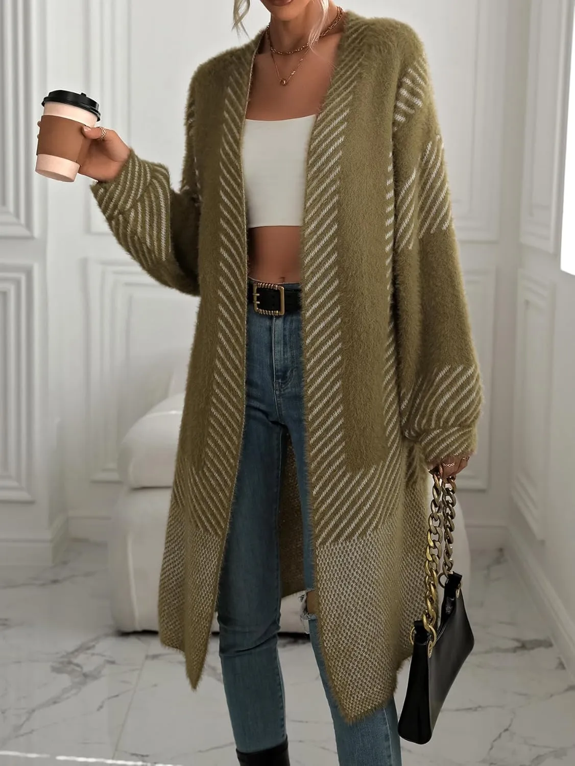 chouyatou Women's Color Block Striped Fuzzy Long Cardigan Sweaters Open Front Diagonal Stripe Knit Cardigan Jacket Coat