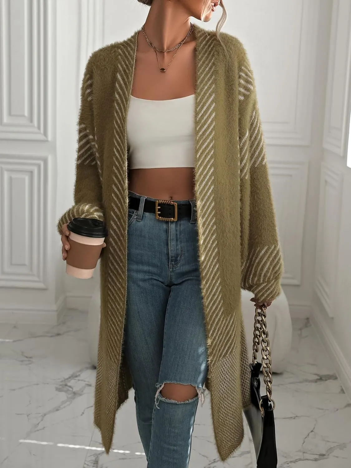 chouyatou Women's Color Block Striped Fuzzy Long Cardigan Sweaters Open Front Diagonal Stripe Knit Cardigan Jacket Coat