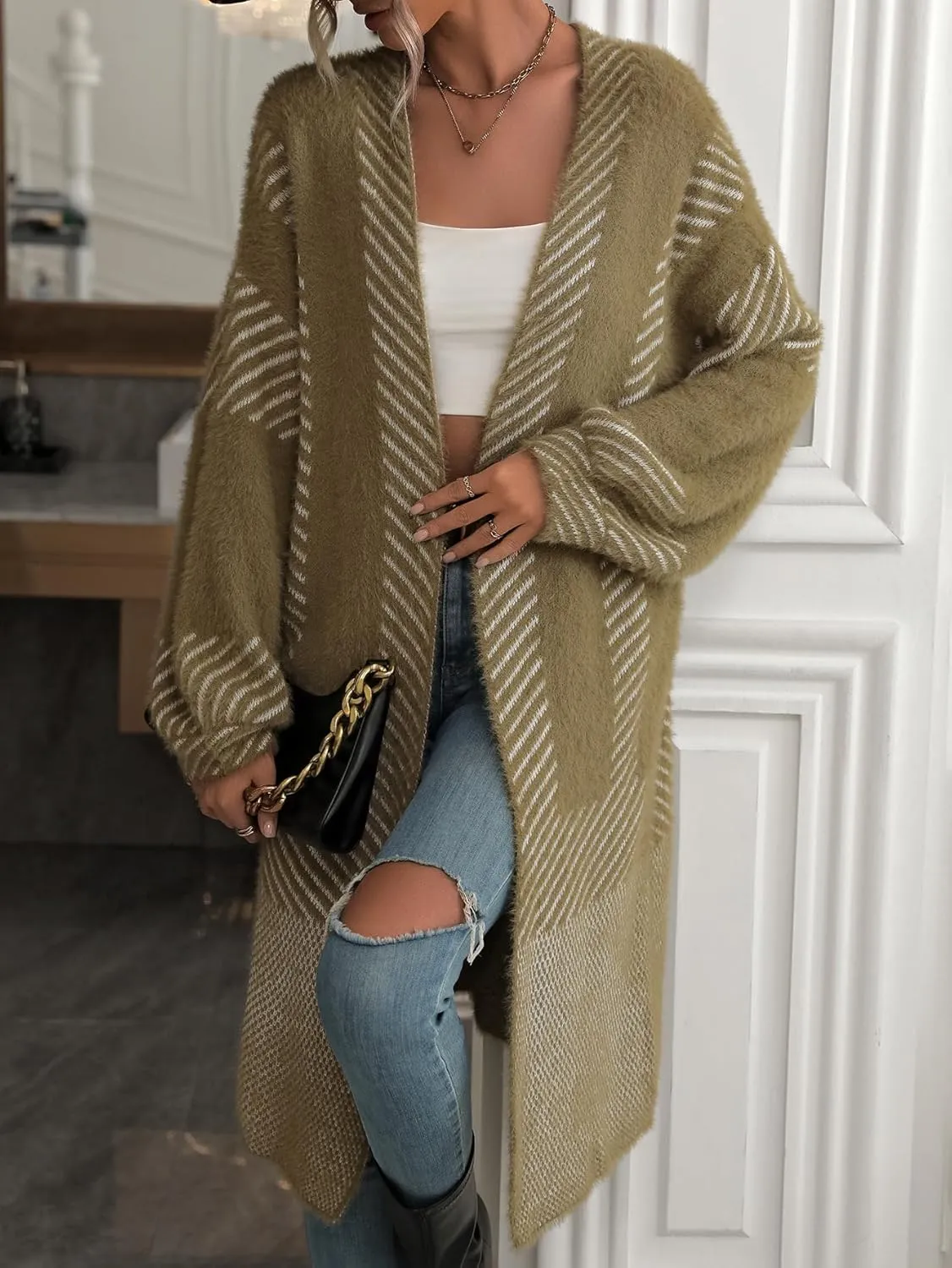 chouyatou Women's Color Block Striped Fuzzy Long Cardigan Sweaters Open Front Diagonal Stripe Knit Cardigan Jacket Coat