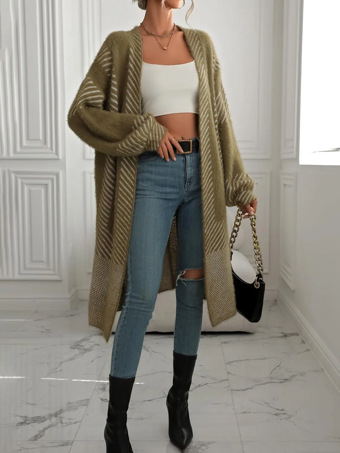 chouyatou Women's Color Block Striped Fuzzy Long Cardigan Sweaters Open Front Diagonal Stripe Knit Cardigan Jacket Coat