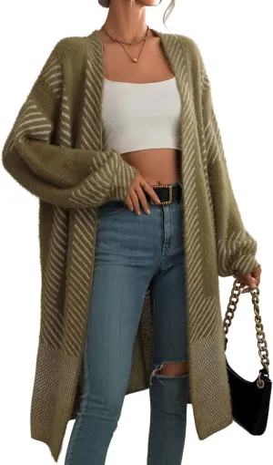 chouyatou Women's Color Block Striped Fuzzy Long Cardigan Sweaters Open Front Diagonal Stripe Knit Cardigan Jacket Coat