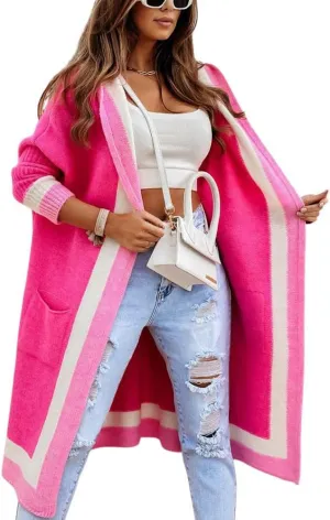 chouyatou Women's Color Block Vertical Striped Open Front Oversized Hooded Long Cardigan Sweaters with Pockets