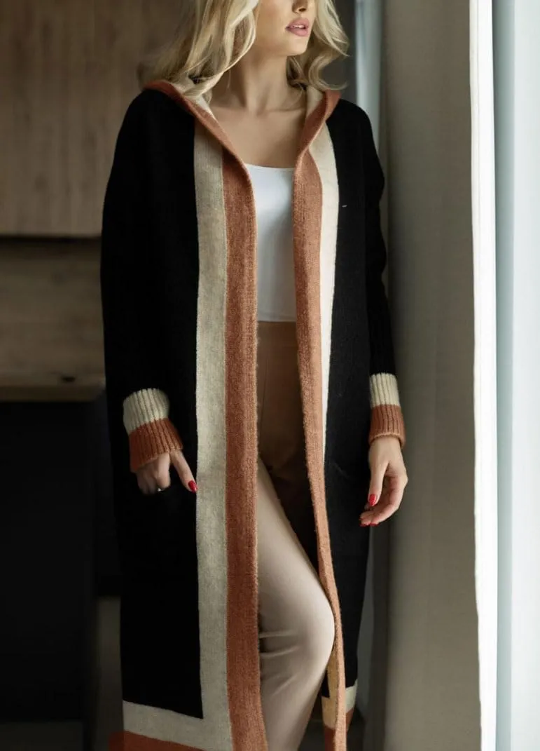 chouyatou Women's Color Block Vertical Striped Open Front Oversized Hooded Long Cardigan Sweaters with Pockets