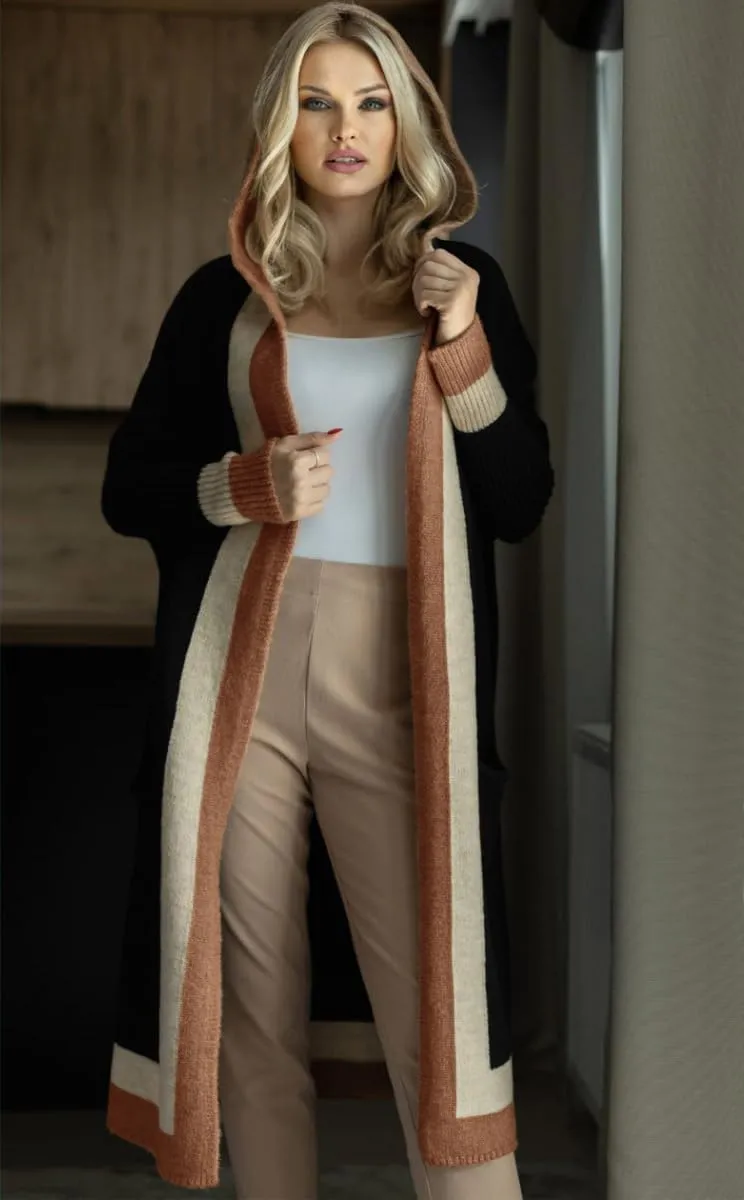 chouyatou Women's Color Block Vertical Striped Open Front Oversized Hooded Long Cardigan Sweaters with Pockets