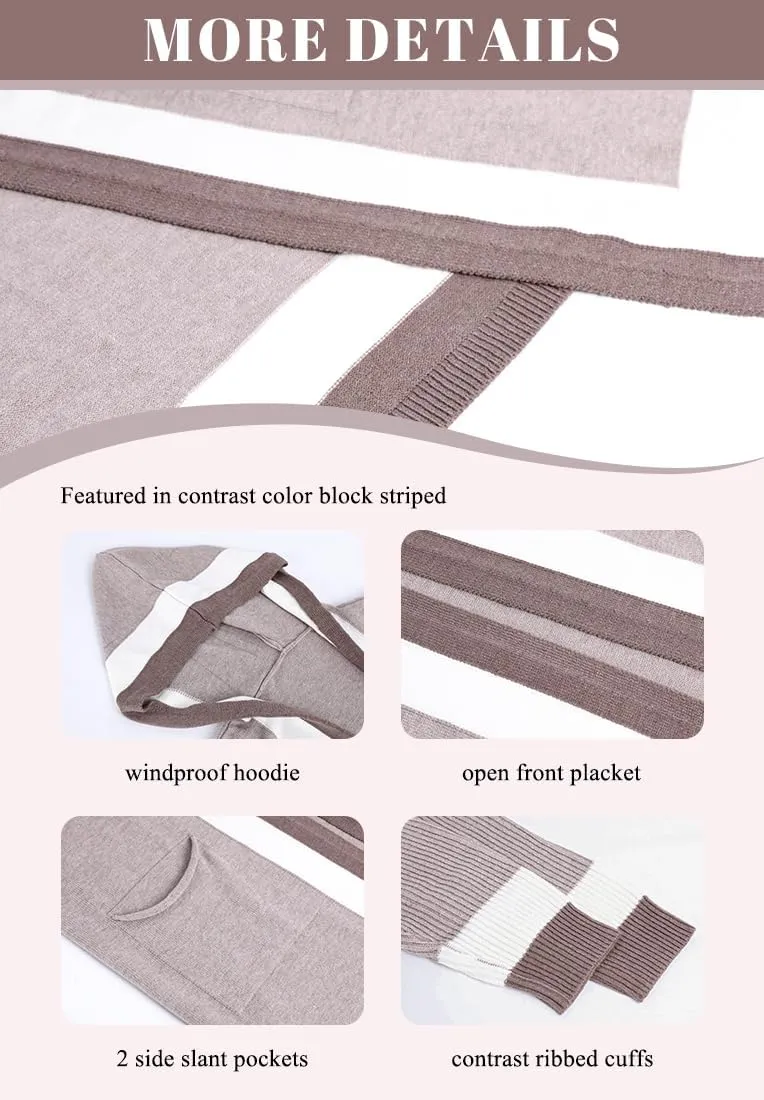 chouyatou Women's Color Block Vertical Striped Open Front Oversized Hooded Long Cardigan Sweaters with Pockets