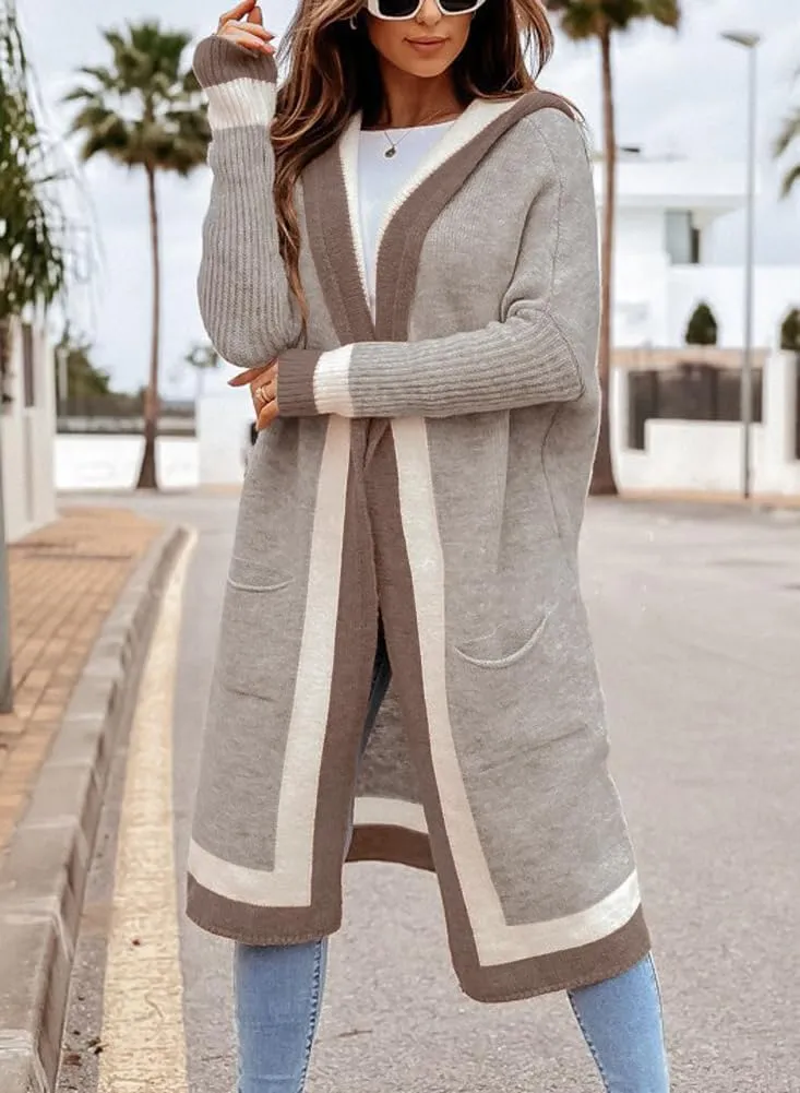 chouyatou Women's Color Block Vertical Striped Open Front Oversized Hooded Long Cardigan Sweaters with Pockets