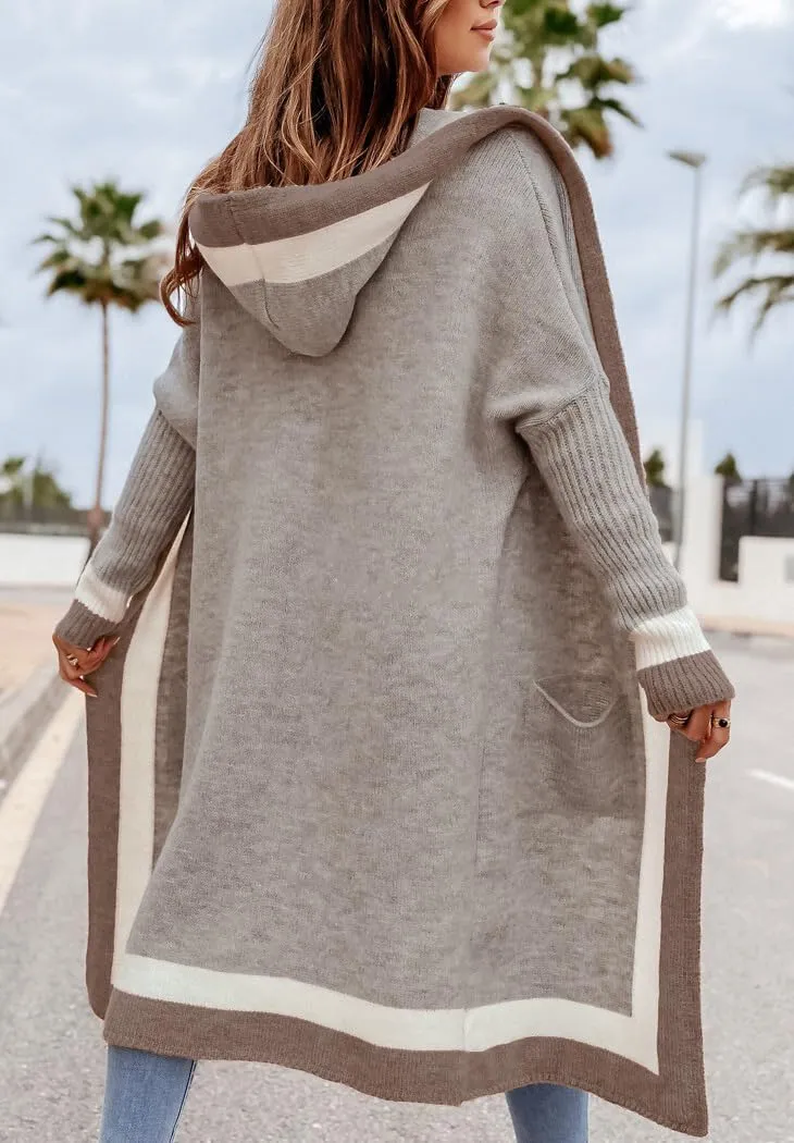 chouyatou Women's Color Block Vertical Striped Open Front Oversized Hooded Long Cardigan Sweaters with Pockets