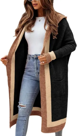 chouyatou Women's Color Block Vertical Striped Open Front Oversized Hooded Long Cardigan Sweaters with Pockets