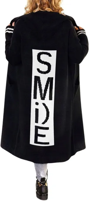 chouyatou Women's Smile Graphic Pattern Hooded Long Cardigan Color Block Open Front Hoodie Cardigan Sweaters