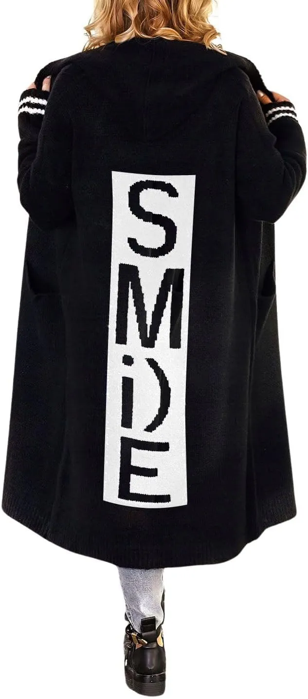 chouyatou Women's Smile Graphic Pattern Hooded Long Cardigan Color Block Open Front Hoodie Cardigan Sweaters