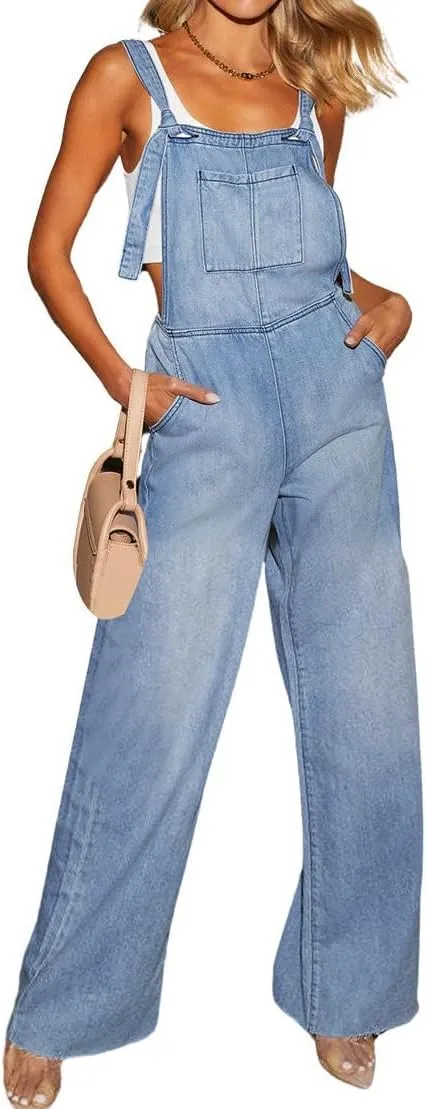 chouyatou Women's Summer Casual Wide Leg Denim Bib Overalls Jeans Distressed Tie Knot Strap Denim Jumpsuits