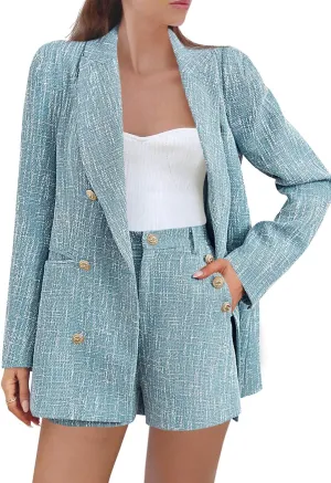 Cicy Bell Womens 2 Piece Tweed Blazer Shorts Sets Long Sleeve Double Breasted Suit Jackets Business Outfit