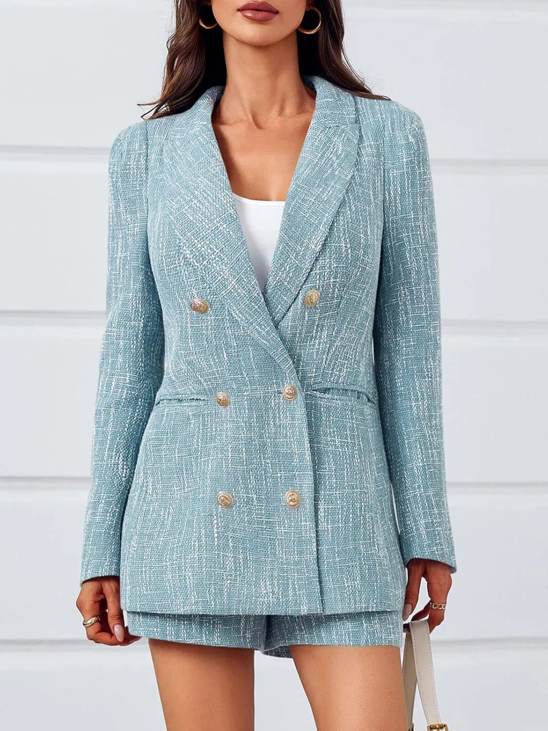 Cicy Bell Womens 2 Piece Tweed Blazer Shorts Sets Long Sleeve Double Breasted Suit Jackets Business Outfit