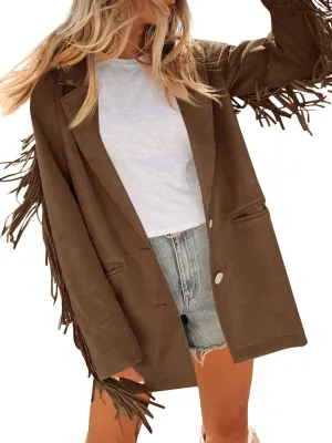Cicy Bell Womens Faux Suede Fringe Jacket Casual Blazer Long Sleeve Lapel Button Front Suit Jackets