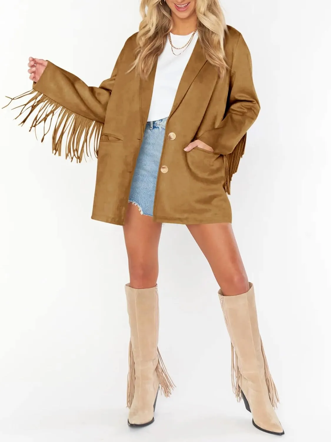 Cicy Bell Womens Faux Suede Fringe Jacket Casual Blazer Long Sleeve Lapel Button Front Suit Jackets