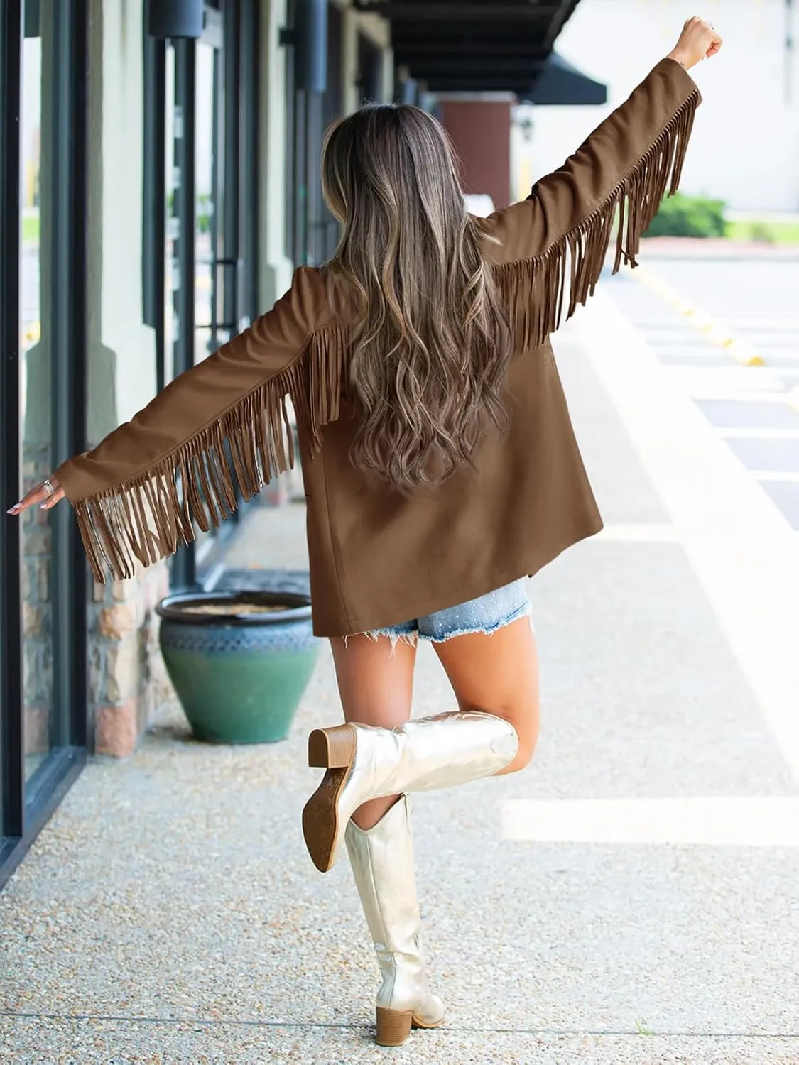 Cicy Bell Womens Faux Suede Fringe Jacket Casual Blazer Long Sleeve Lapel Button Front Suit Jackets