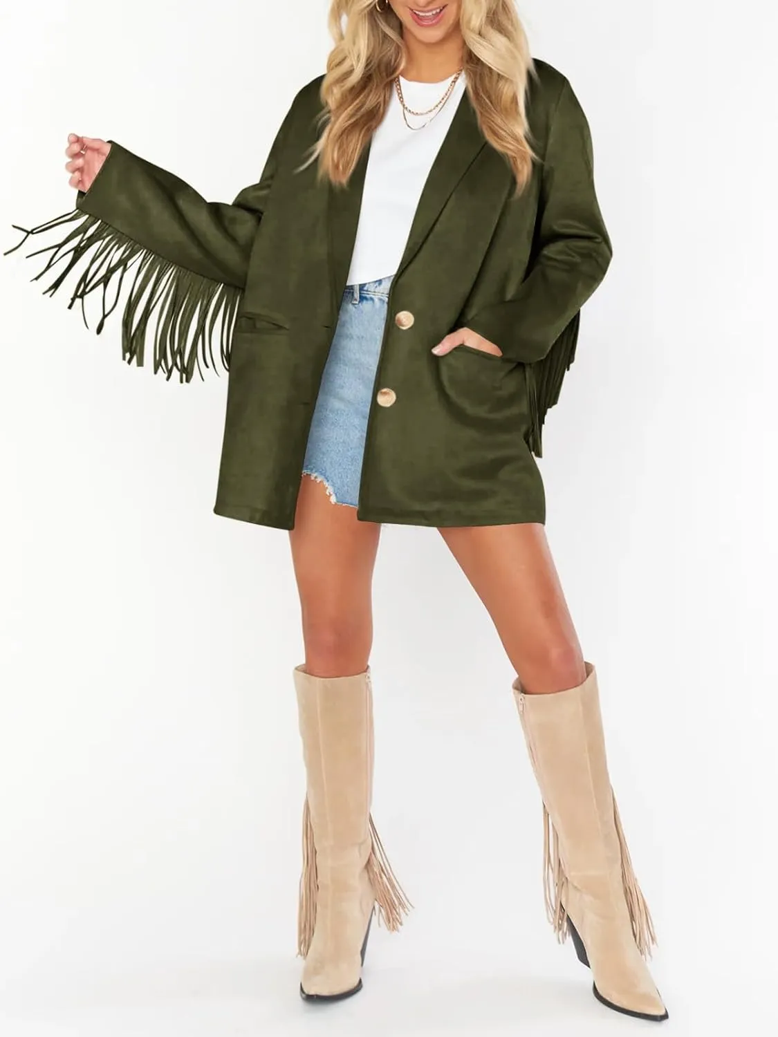 Cicy Bell Womens Faux Suede Fringe Jacket Casual Blazer Long Sleeve Lapel Button Front Suit Jackets