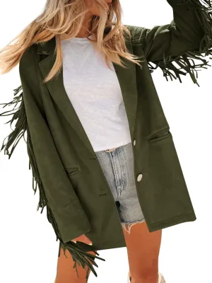 Cicy Bell Womens Faux Suede Fringe Jacket Casual Blazer Long Sleeve Lapel Button Front Suit Jackets