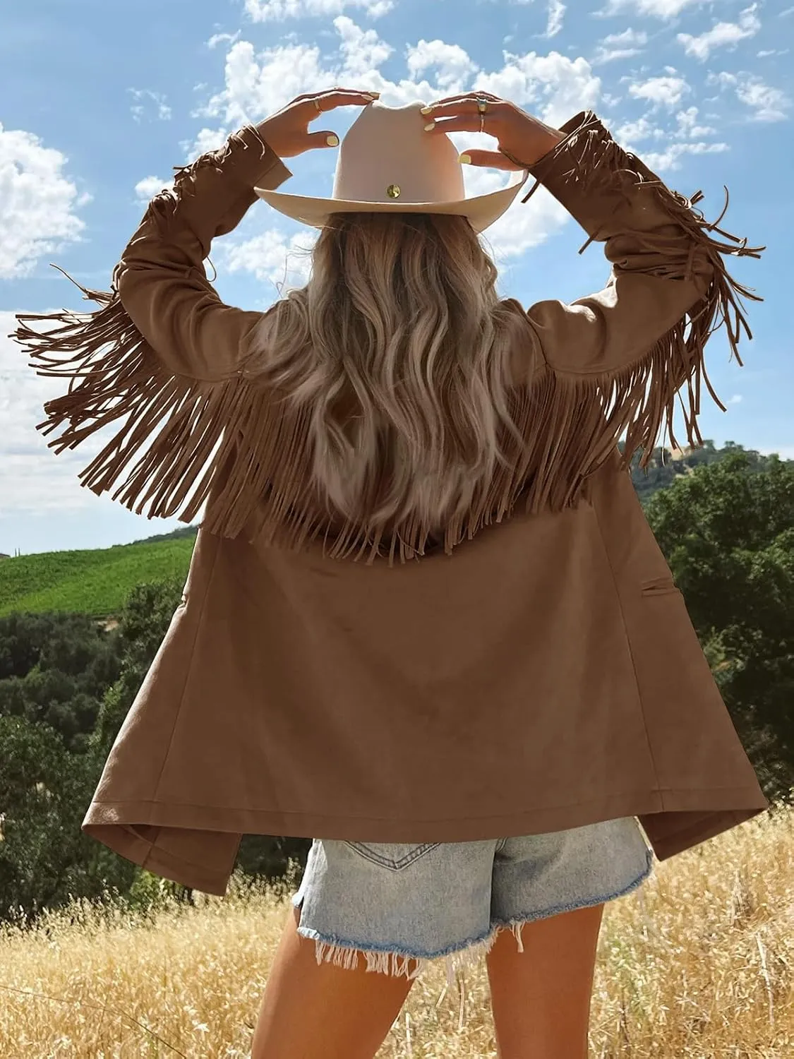 Cicy Bell Womens Faux Suede Fringe Jacket Casual Blazer Long Sleeve Lapel Button Front Suit Jackets
