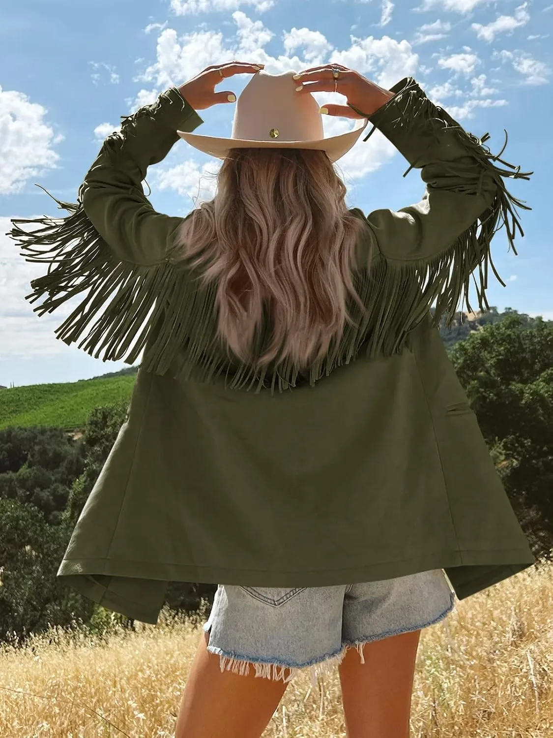 Cicy Bell Womens Faux Suede Fringe Jacket Casual Blazer Long Sleeve Lapel Button Front Suit Jackets