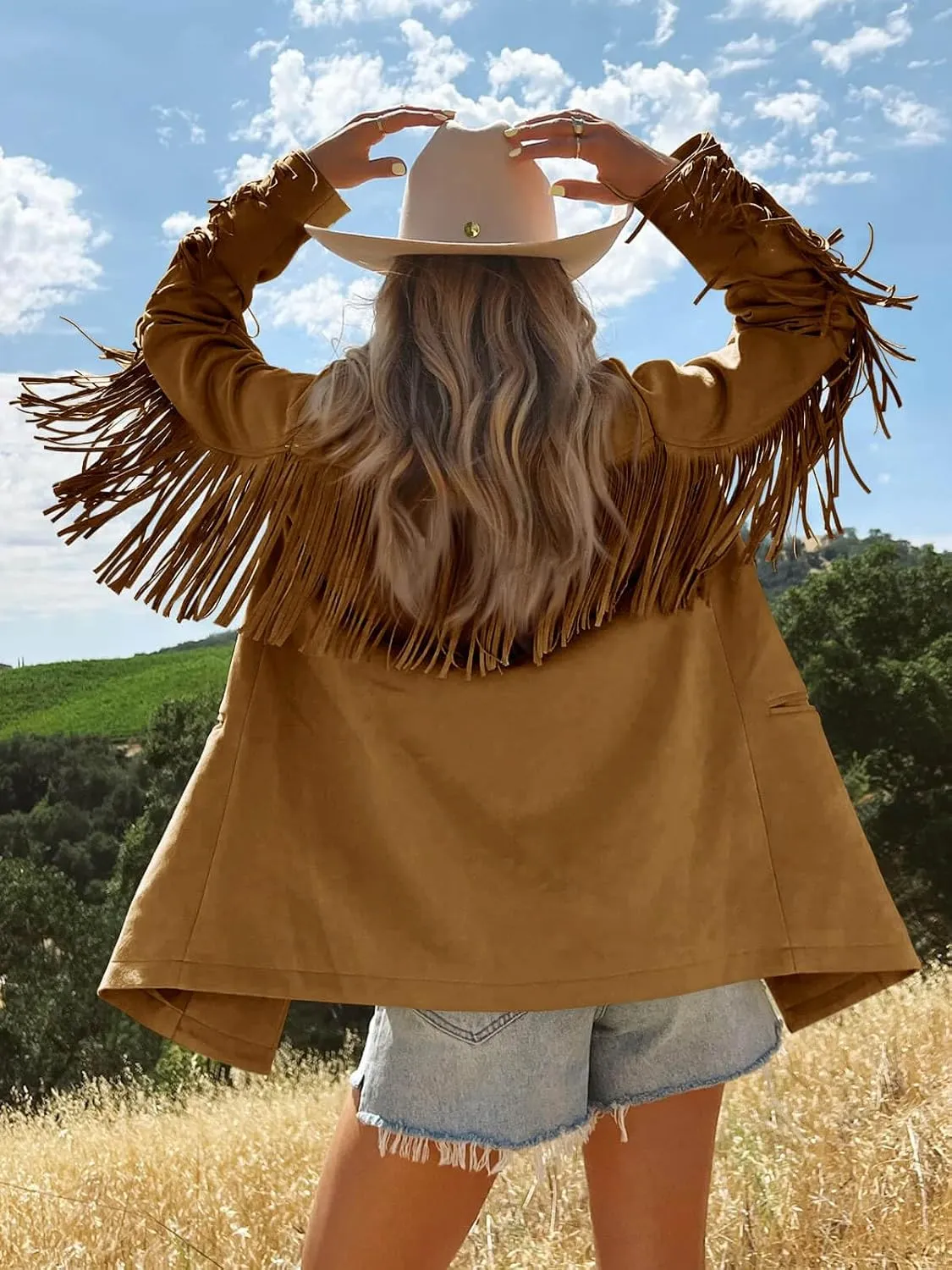 Cicy Bell Womens Faux Suede Fringe Jacket Casual Blazer Long Sleeve Lapel Button Front Suit Jackets