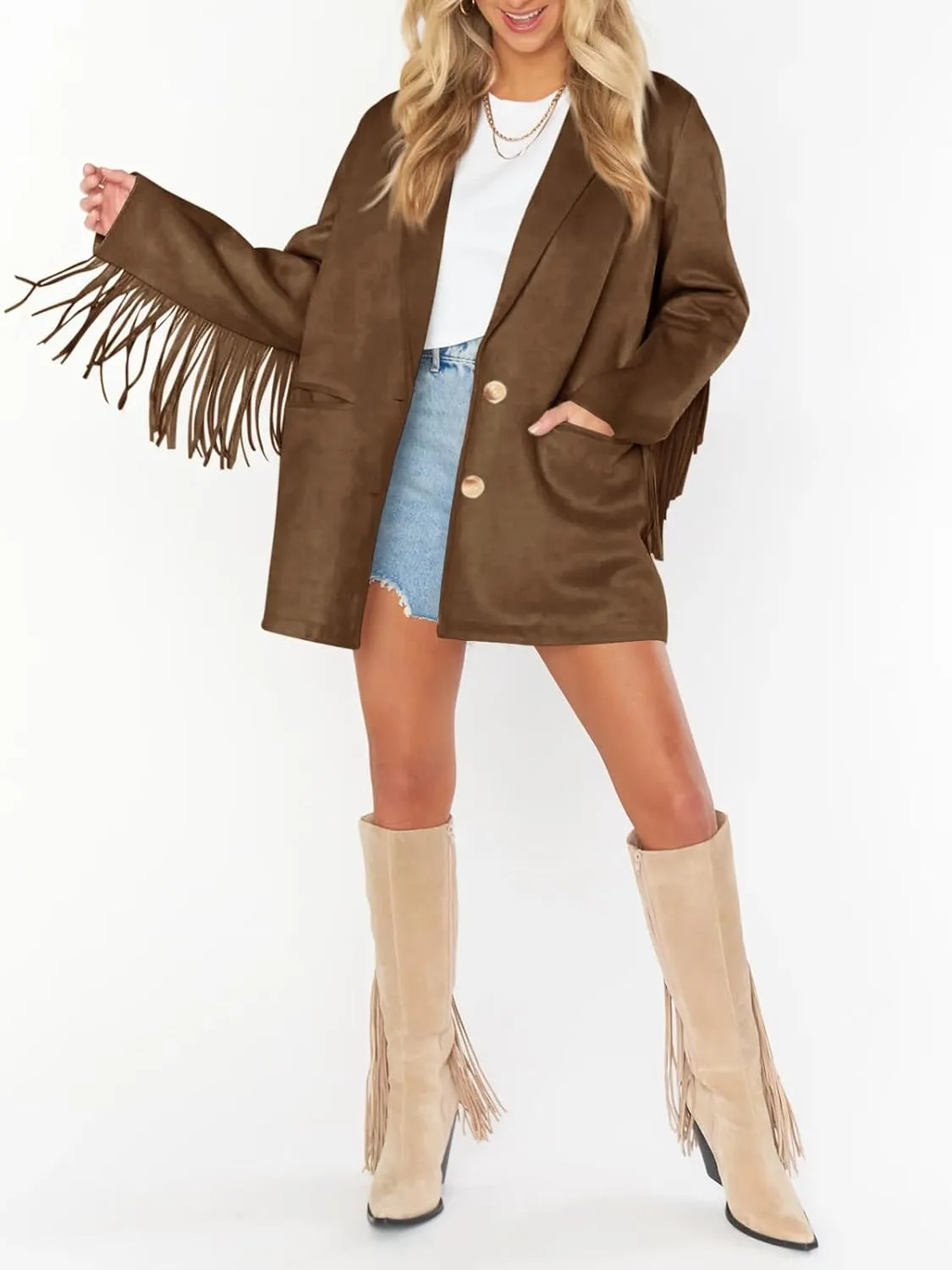 Cicy Bell Womens Faux Suede Fringe Jacket Casual Blazer Long Sleeve Lapel Button Front Suit Jackets