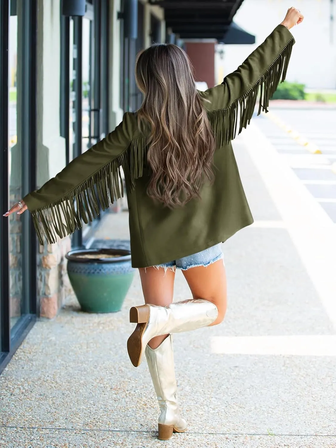 Cicy Bell Womens Faux Suede Fringe Jacket Casual Blazer Long Sleeve Lapel Button Front Suit Jackets