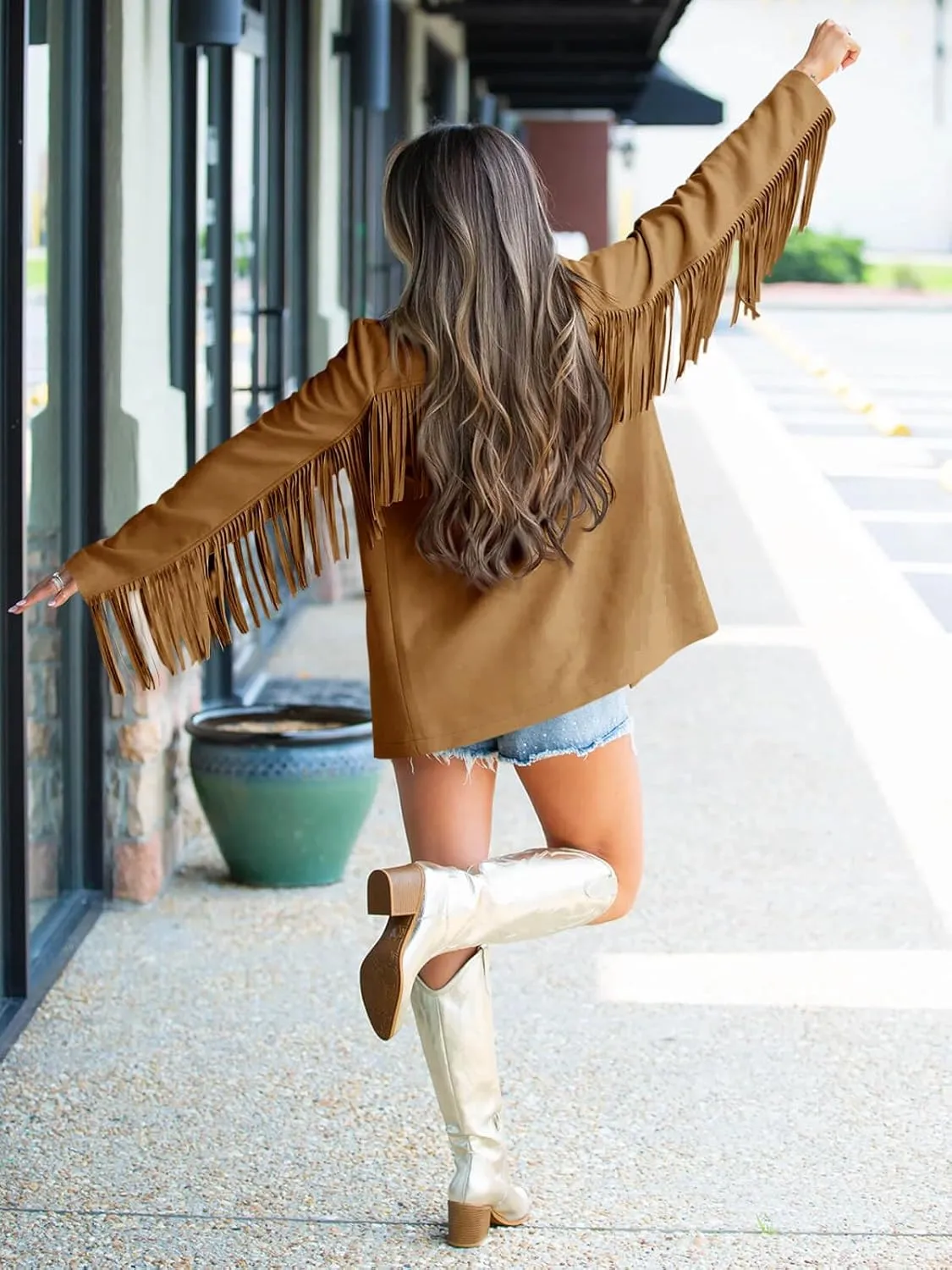 Cicy Bell Womens Faux Suede Fringe Jacket Casual Blazer Long Sleeve Lapel Button Front Suit Jackets
