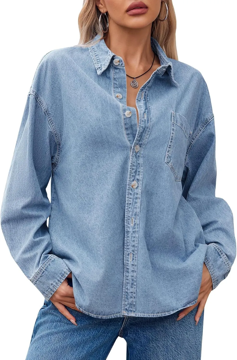 Cicy Bell Womens Oversized Denim Shirts Jackets Button Down Curved Hem Long Sleeve Jean Tops Shackets
