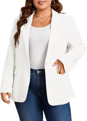 Cicy Bell Womens Plus Size Casual Blazers Open Front Long Sleeve Work Office Suit Jackets White