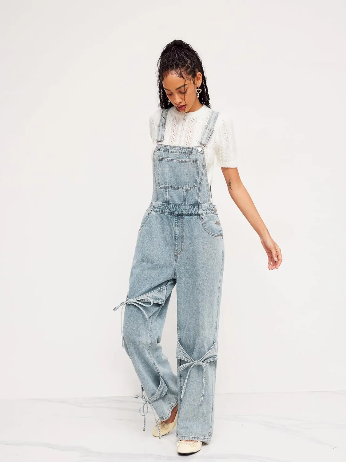 CIDER Overalls for Women Denim Bow knot Jumpsuits Adjusable Strap Jean Overall with Pockets