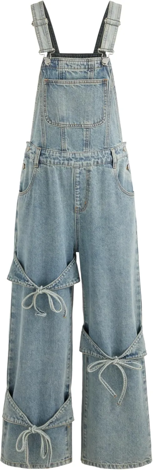 CIDER Overalls for Women Denim Bow knot Jumpsuits Adjusable Strap Jean Overall with Pockets