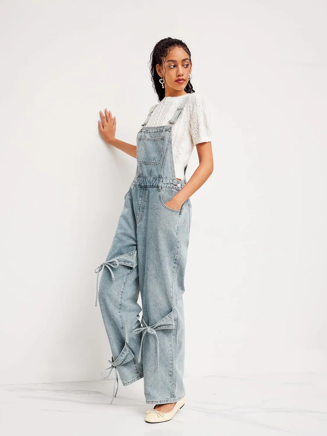 CIDER Overalls for Women Denim Bow knot Jumpsuits Adjusable Strap Jean Overall with Pockets