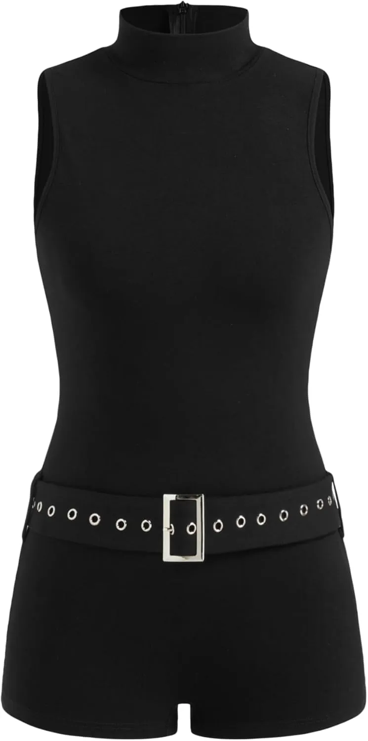 CIDER Rompers for Women Jumpsuit High Waist Sleeveless Romper With Belt Turtle Neck Jumpsuits for Summer