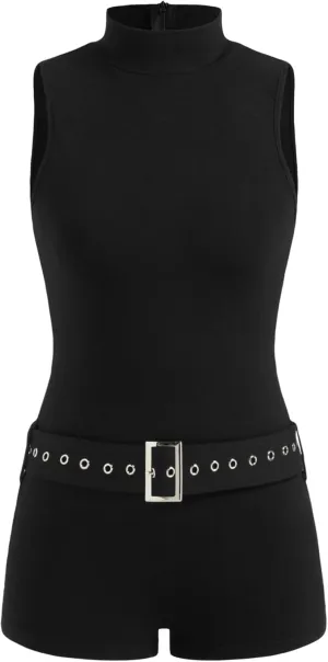 CIDER Rompers for Women Jumpsuit High Waist Sleeveless Romper With Belt Turtle Neck Jumpsuits for Summer