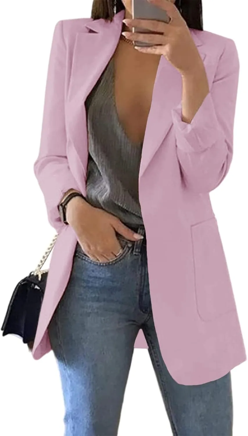 Cnkwei Womens Casual Blazers Open Front Long Sleeve Lapel Collar Work Office Jacket Light Purple