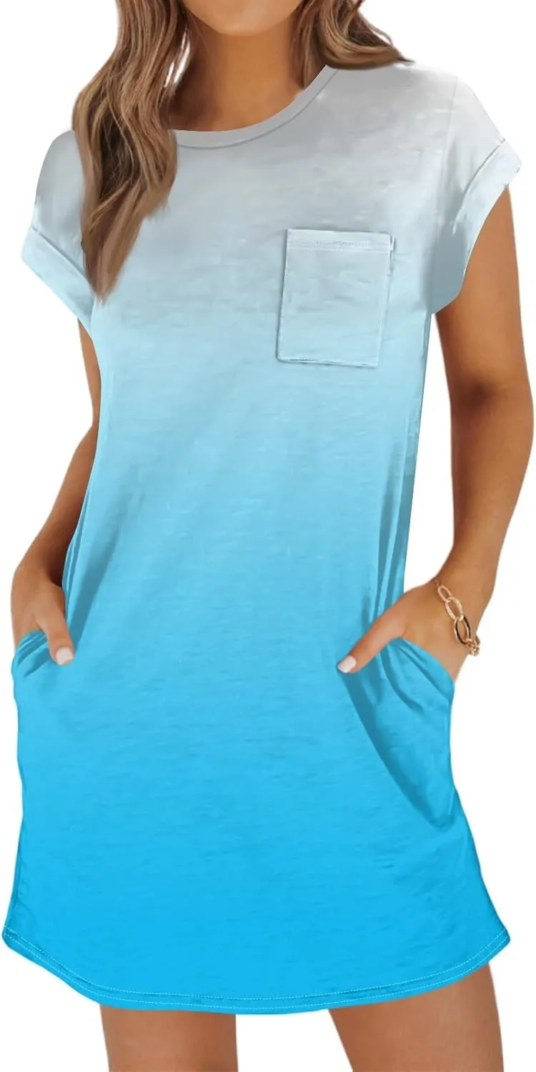 COTECRAM Womens Casual Summer Short Sleeve Loose T Shirt Dress Boho Floral Mini Sundress Beach Cover Up Shirts with Pockets