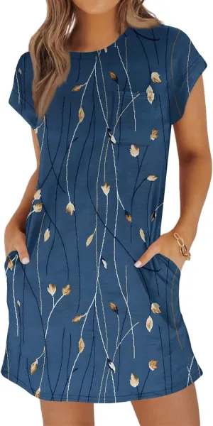 COTECRAM Womens Casual Summer Short Sleeve Loose T Shirt Dress Boho Floral Mini Sundress Beach Cover Up Shirts with Pockets