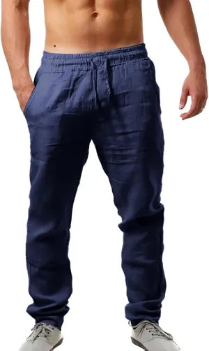 Cotton Linen Pants Men Casual Drawstring Summer Beach Pants Lightweight Breathable Flat Front Trouser with Pockets