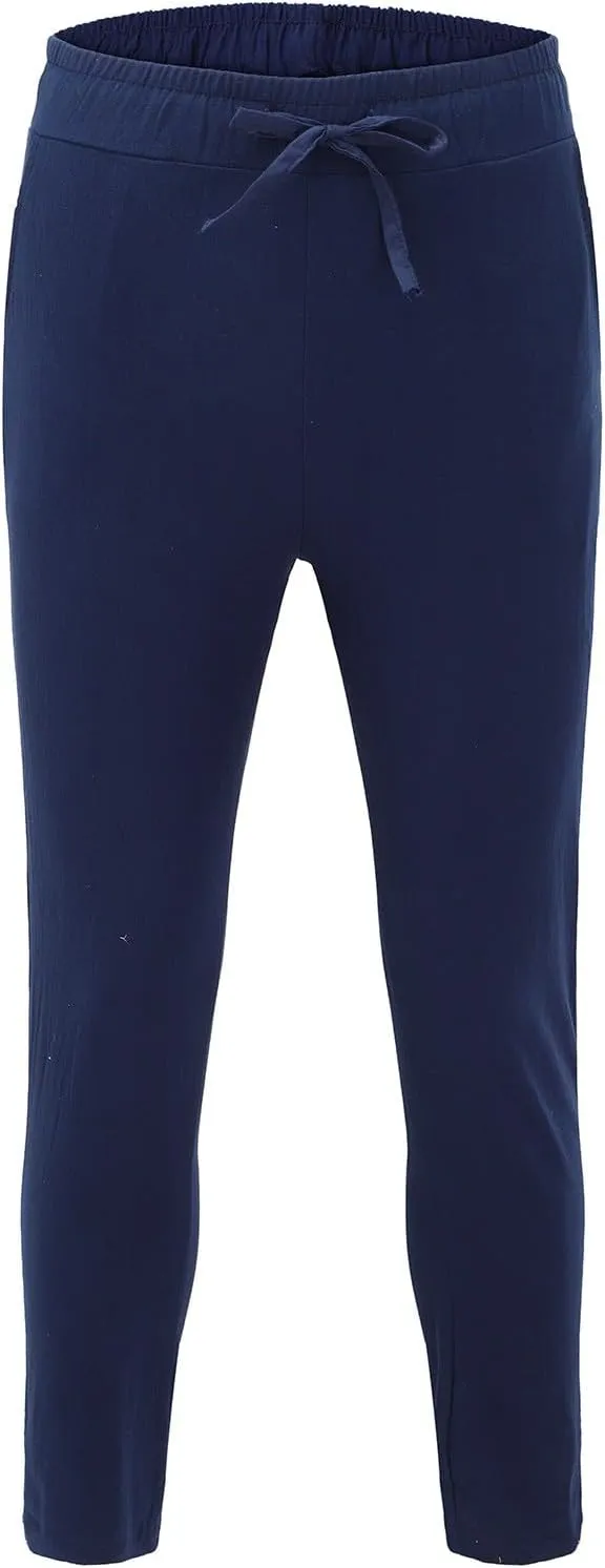 Cotton Linen Pants Men Casual Drawstring Summer Beach Pants Lightweight Breathable Flat Front Trouser with Pockets